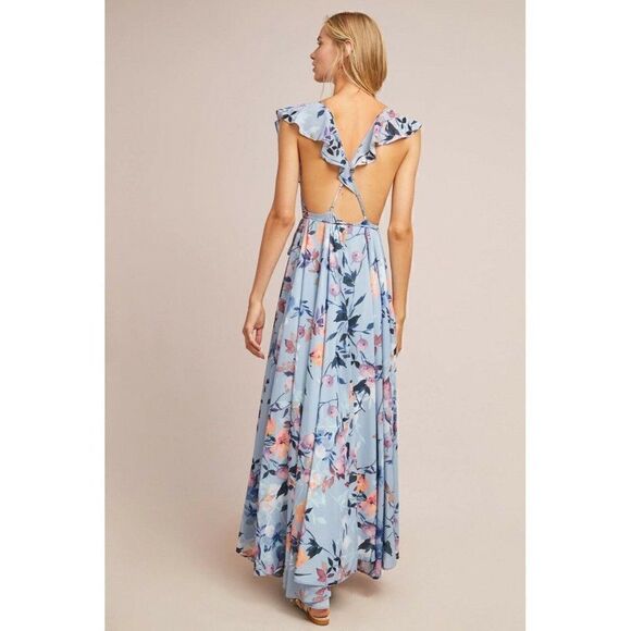 ANTHROPOLOGIE YUMI KIM Sz XXS FLORAL HUDSON WRAP OPEN BACK FLUTTER MAXI DRESS - Picture 2 of 3